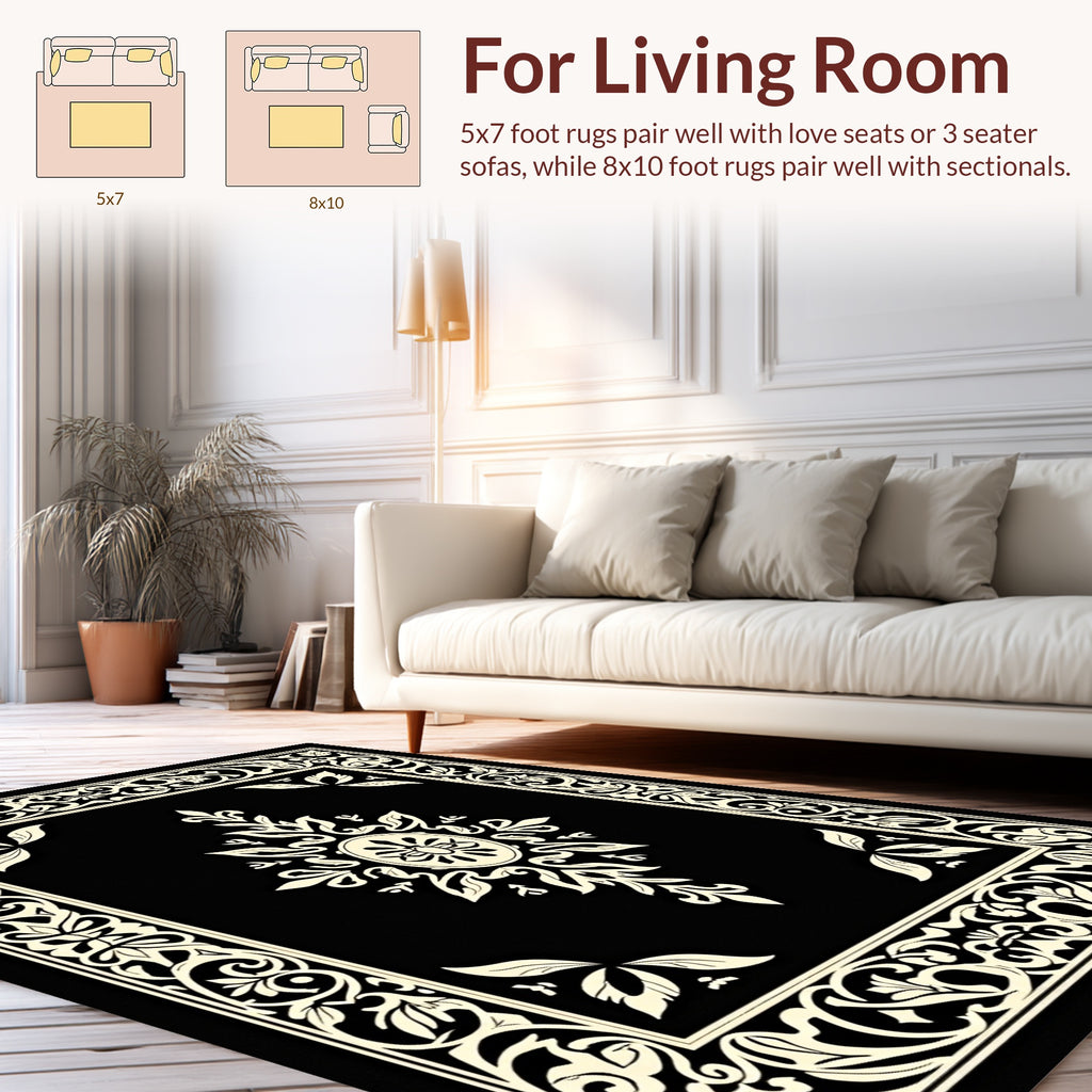 Bold Black Cream Floral Scroll Border Rug