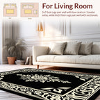 Bold Black Cream Floral Scroll Border Rug