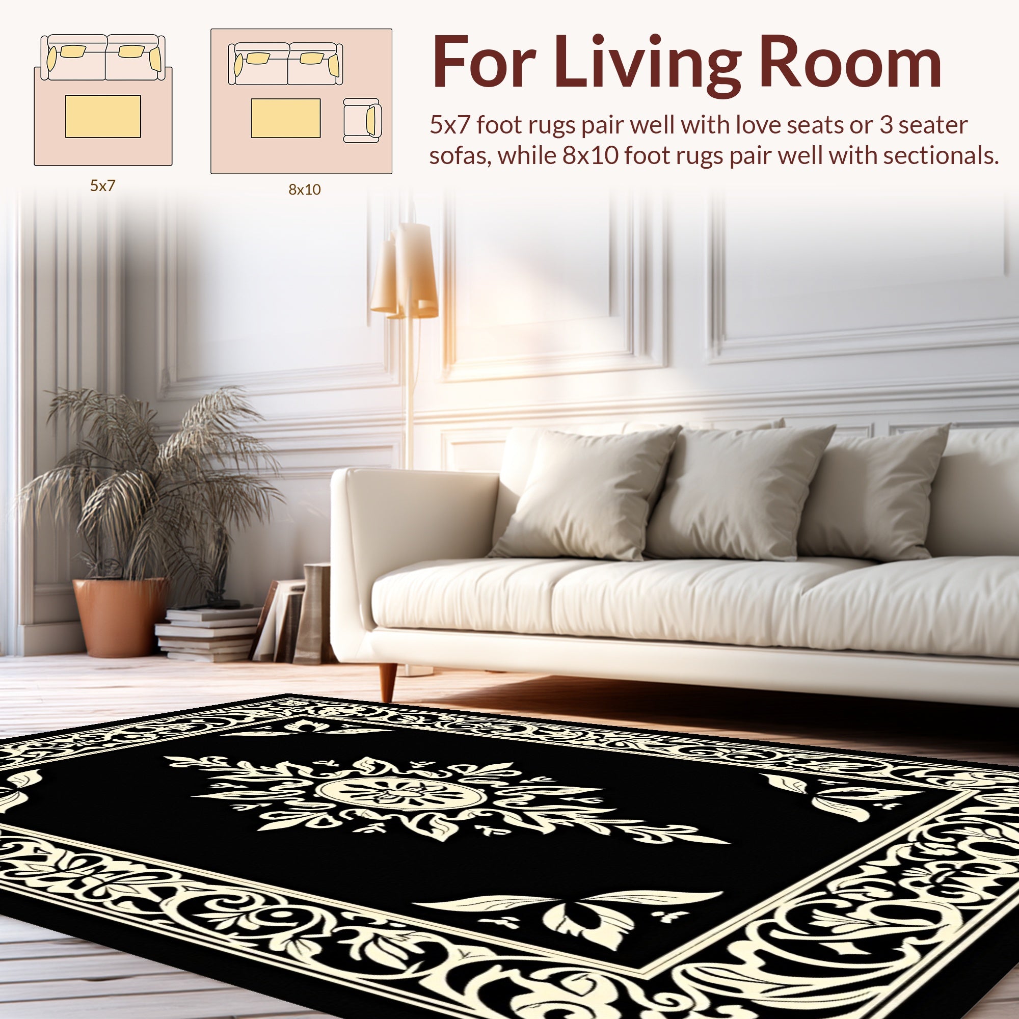 Bold Black Cream Floral Scroll Border Rug