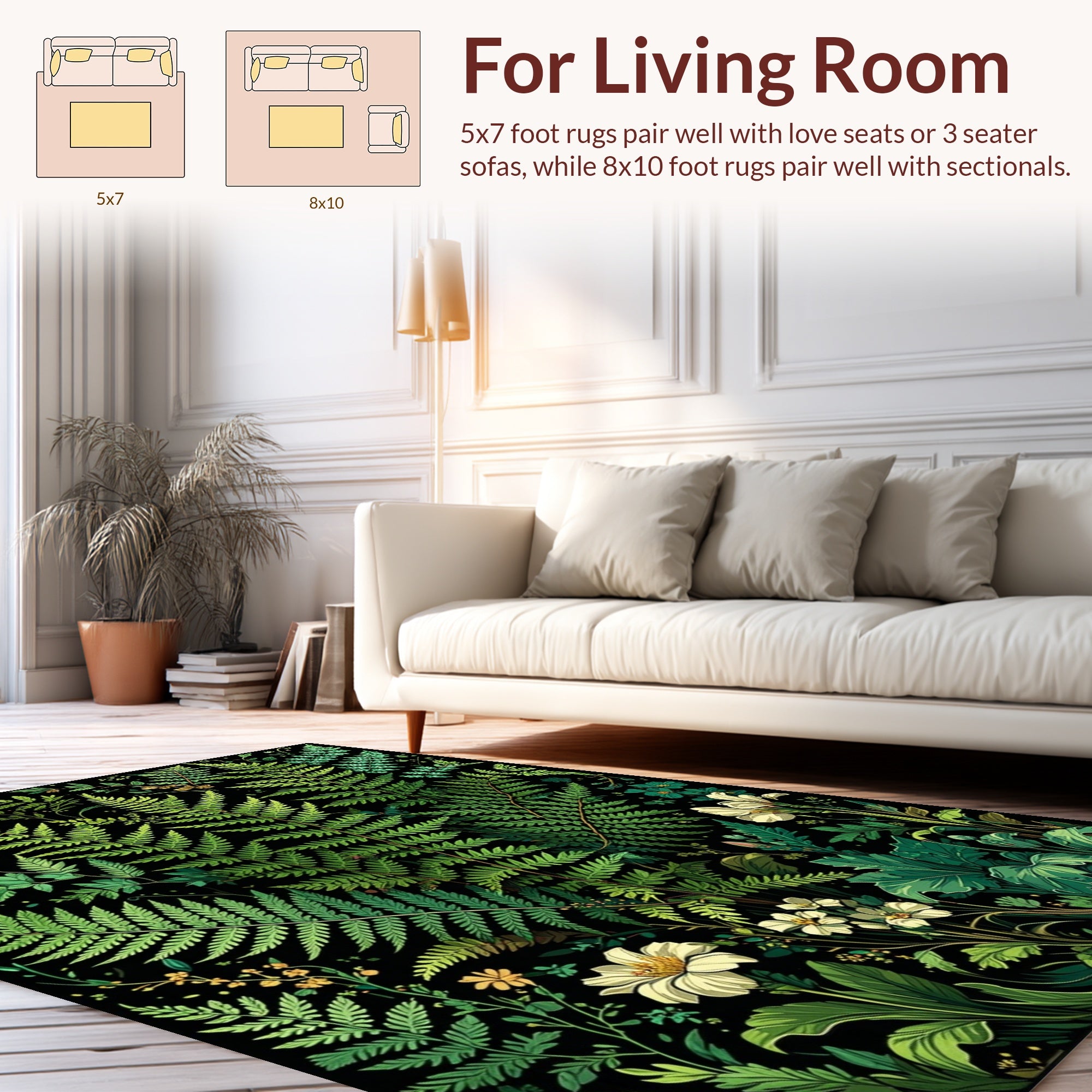 Vibrant Green Fern Floral Garden Design Rug