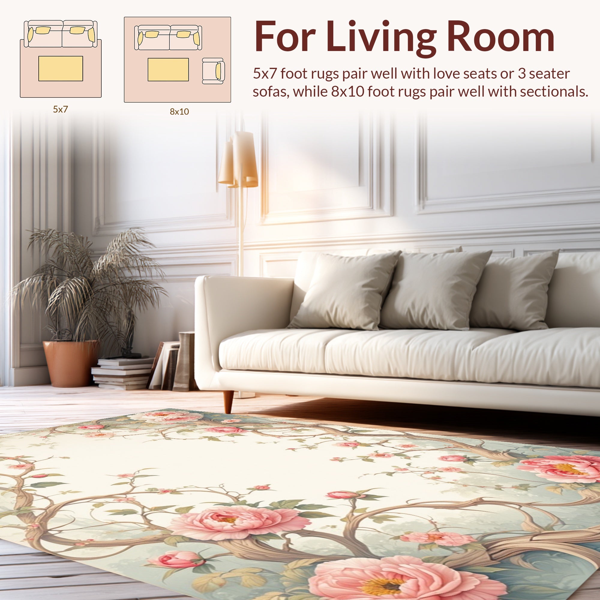 Pink Peony Floral Vine Pattern Rug