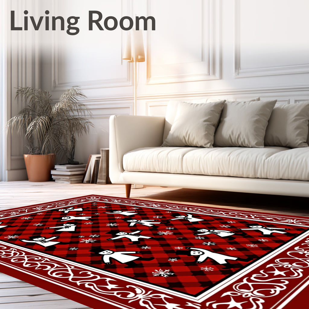 Red Black Buffalo Plaid Snowmenflakes Border Rug