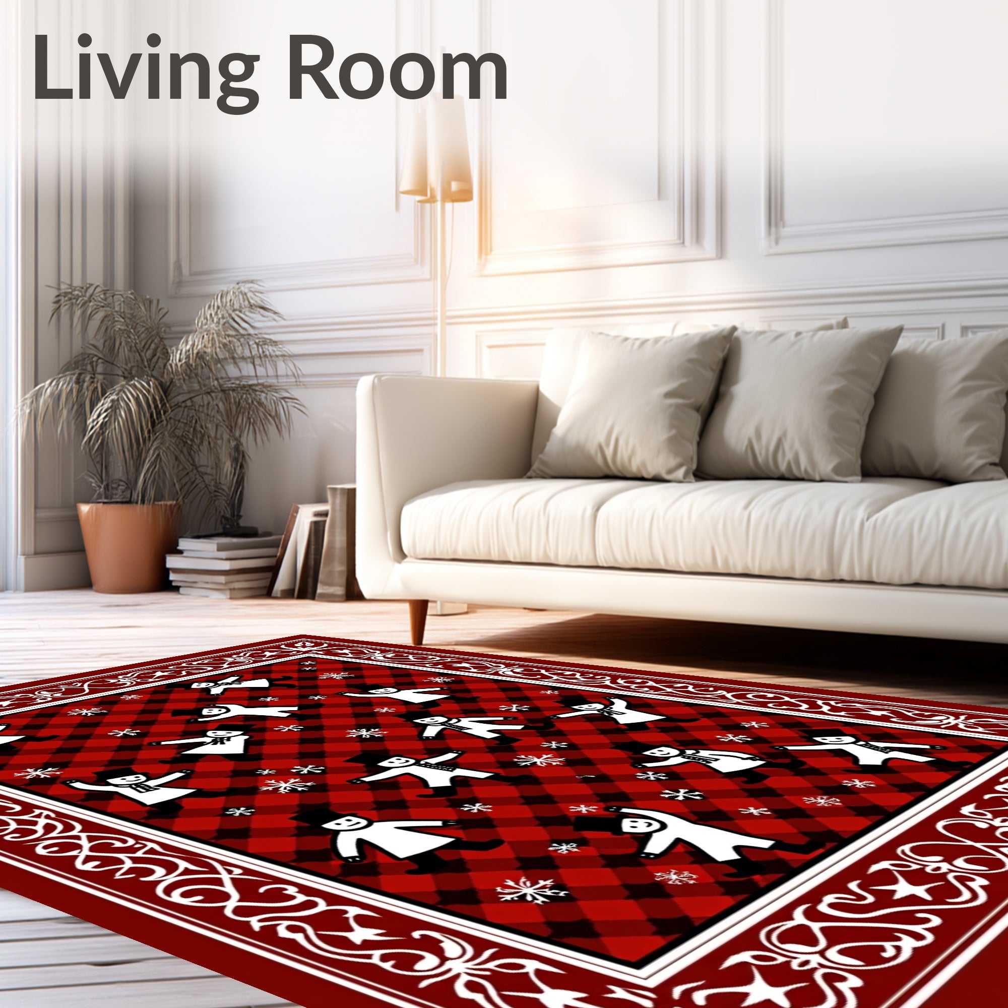 Red Black Buffalo Plaid Snowmenflakes Border Rug
