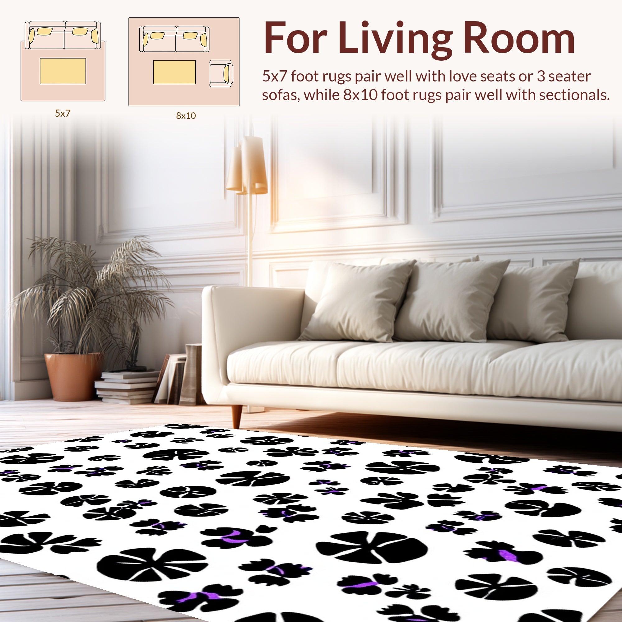 Whimsical Black 2 Purple Floral Design Rug