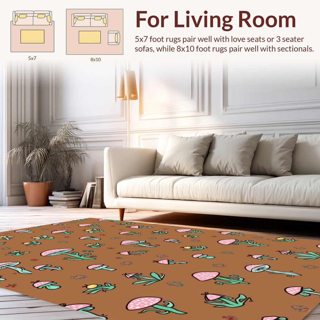 Whimsical Mushroom Leafy Nature Pattern Rug