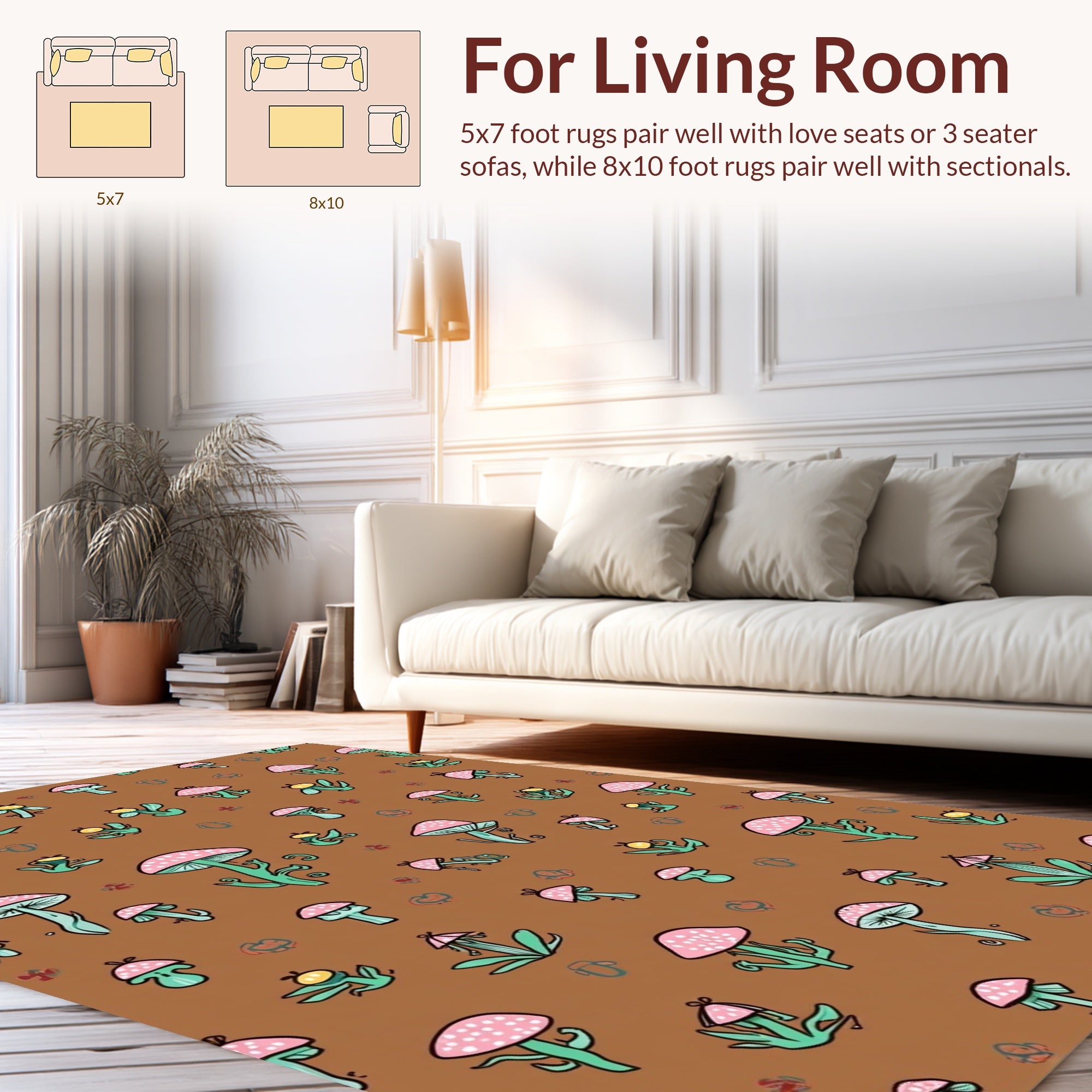 Whimsical Mushroom Leafy Nature Pattern Rug