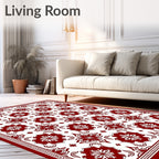 Deep Red Floral Damask Medallion Rug