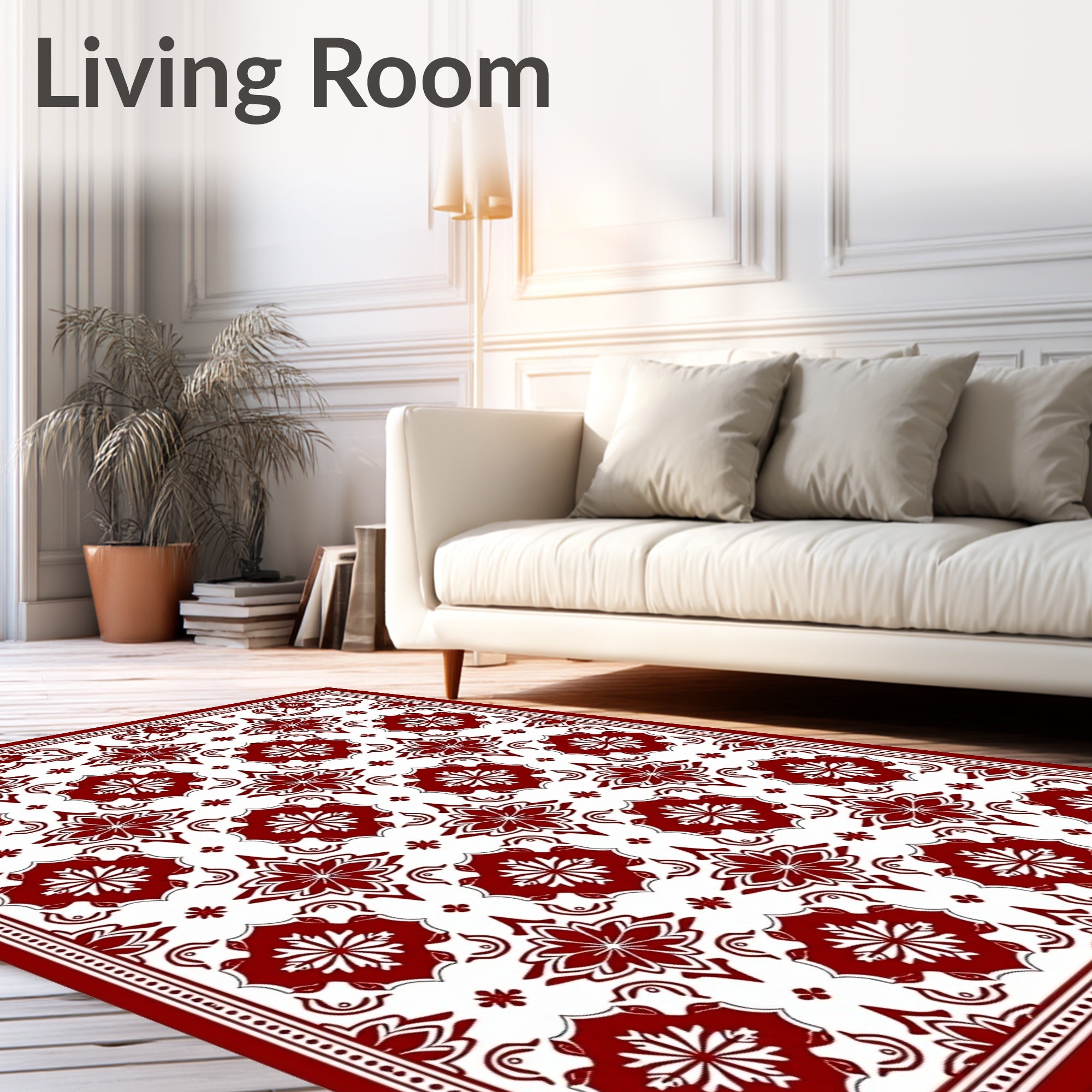 Deep Red Floral Damask Medallion Rug