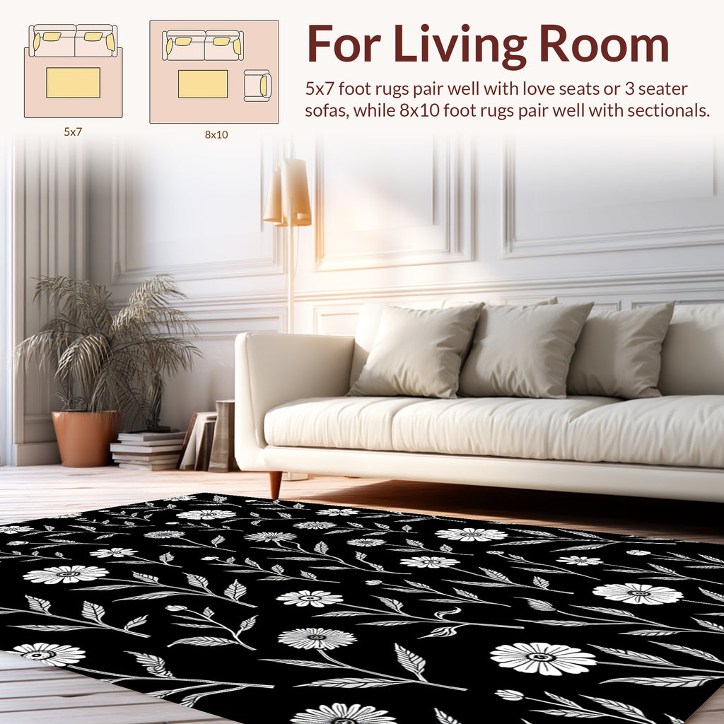 White Daisy Floral Pattern Black Rug