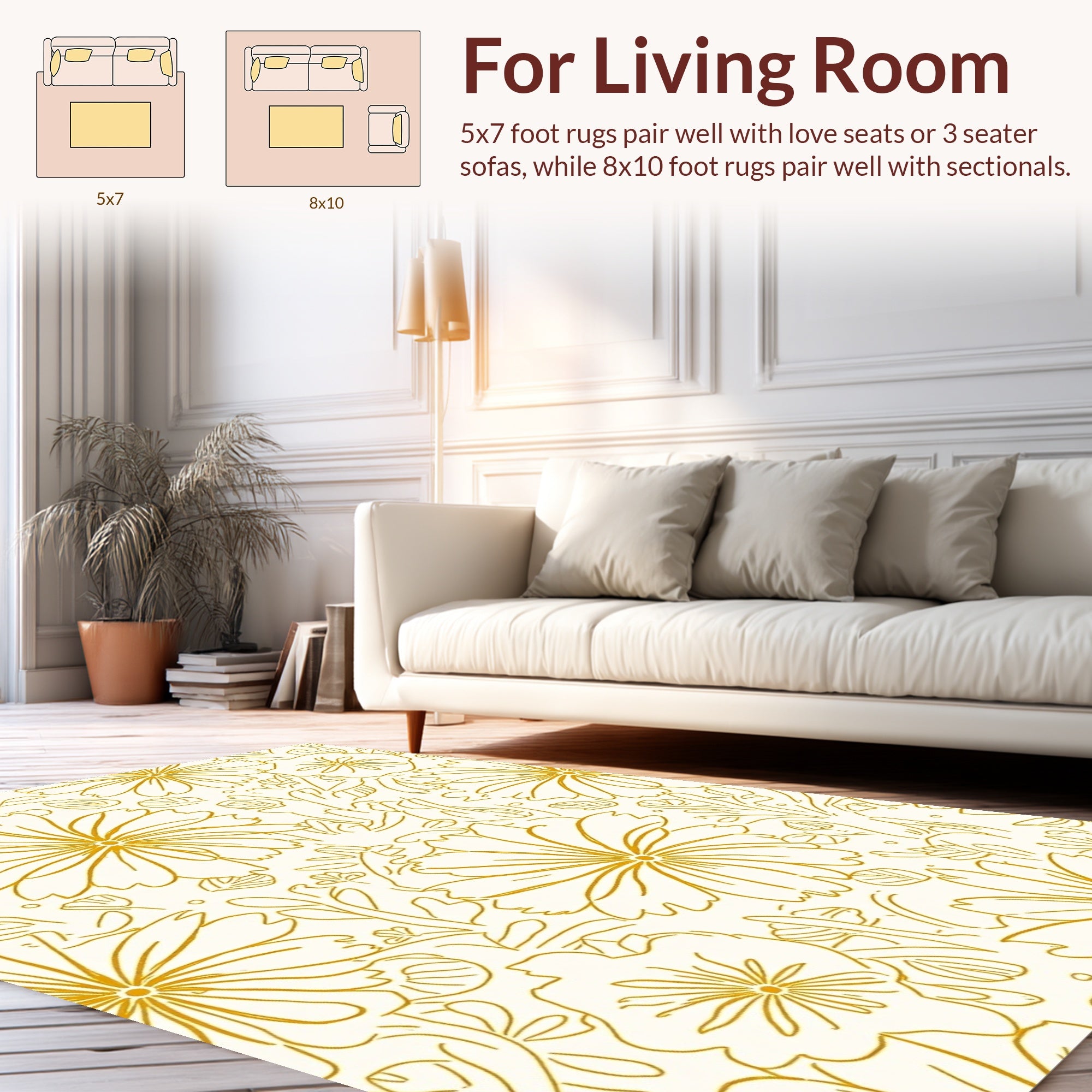 Golden Outline Floral Pattern Rug