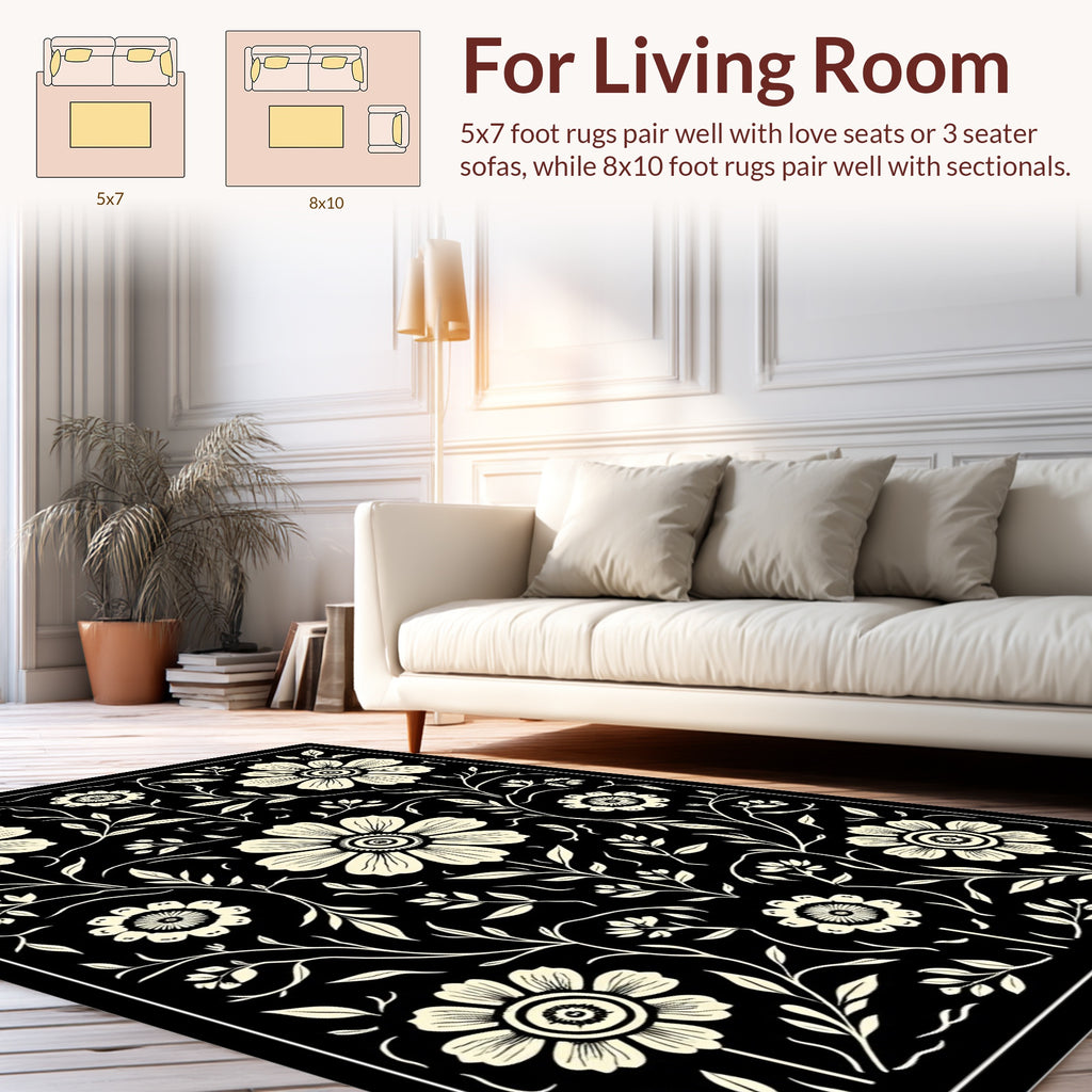 Black Cream Floral Vine Pattern Rug