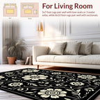 Black Cream Floral Vine Pattern Rug
