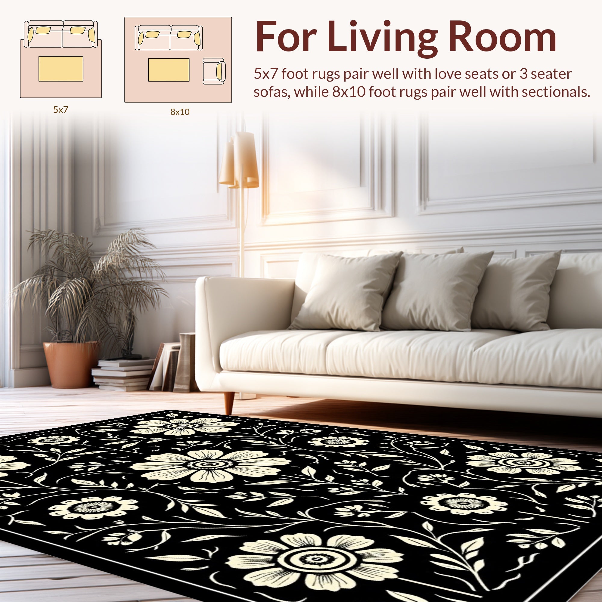 Black Cream Floral Vine Pattern Rug