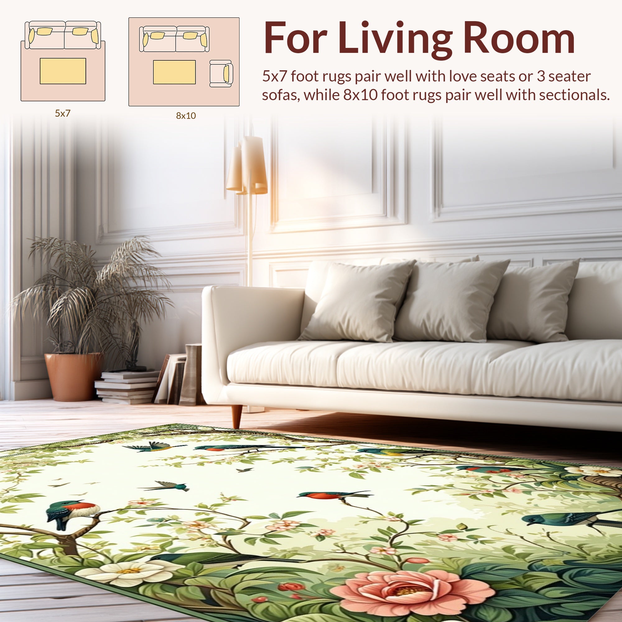 Whimsical Birds Blooming Branches Design Rug