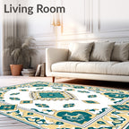 Teal Yellow Floral Medallion Border Rug
