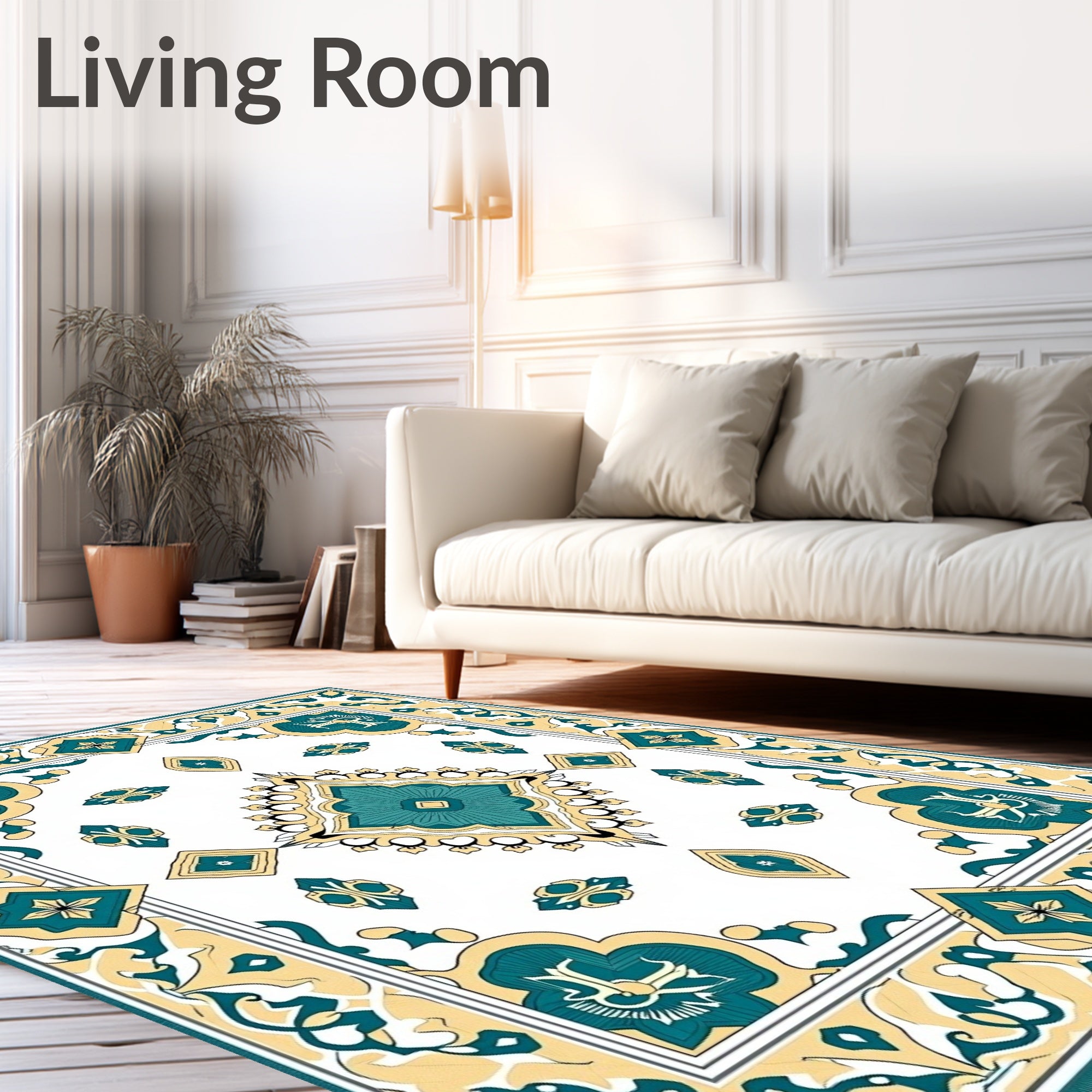 Teal Yellow Floral Medallion Border Rug