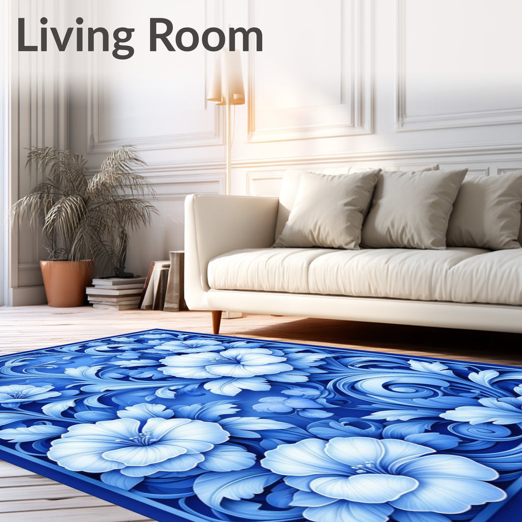 Majestic Blue Floral Scroll Pattern Rug
