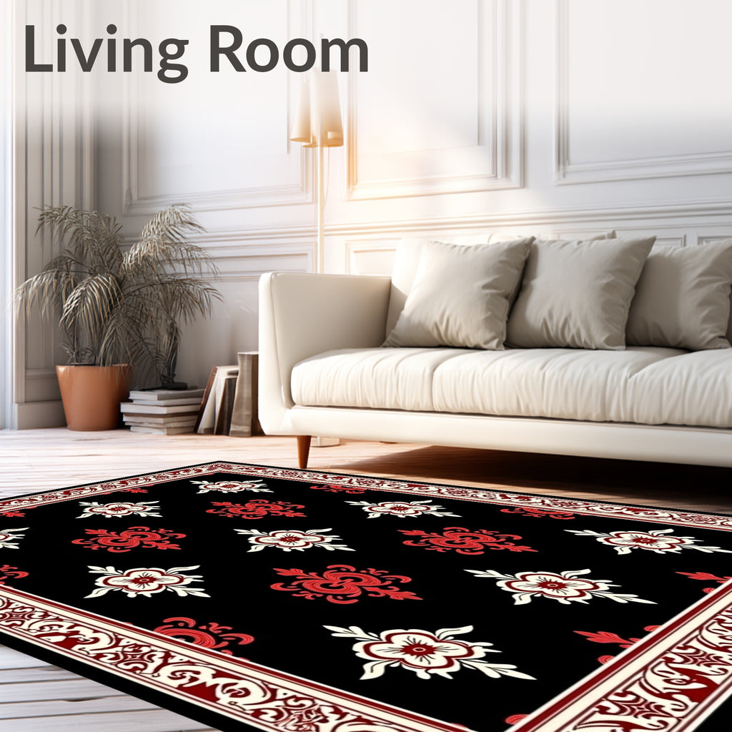 Rich Black Crimson Floral Medallion Border Rug