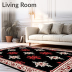 Rich Black Crimson Floral Medallion Border Rug