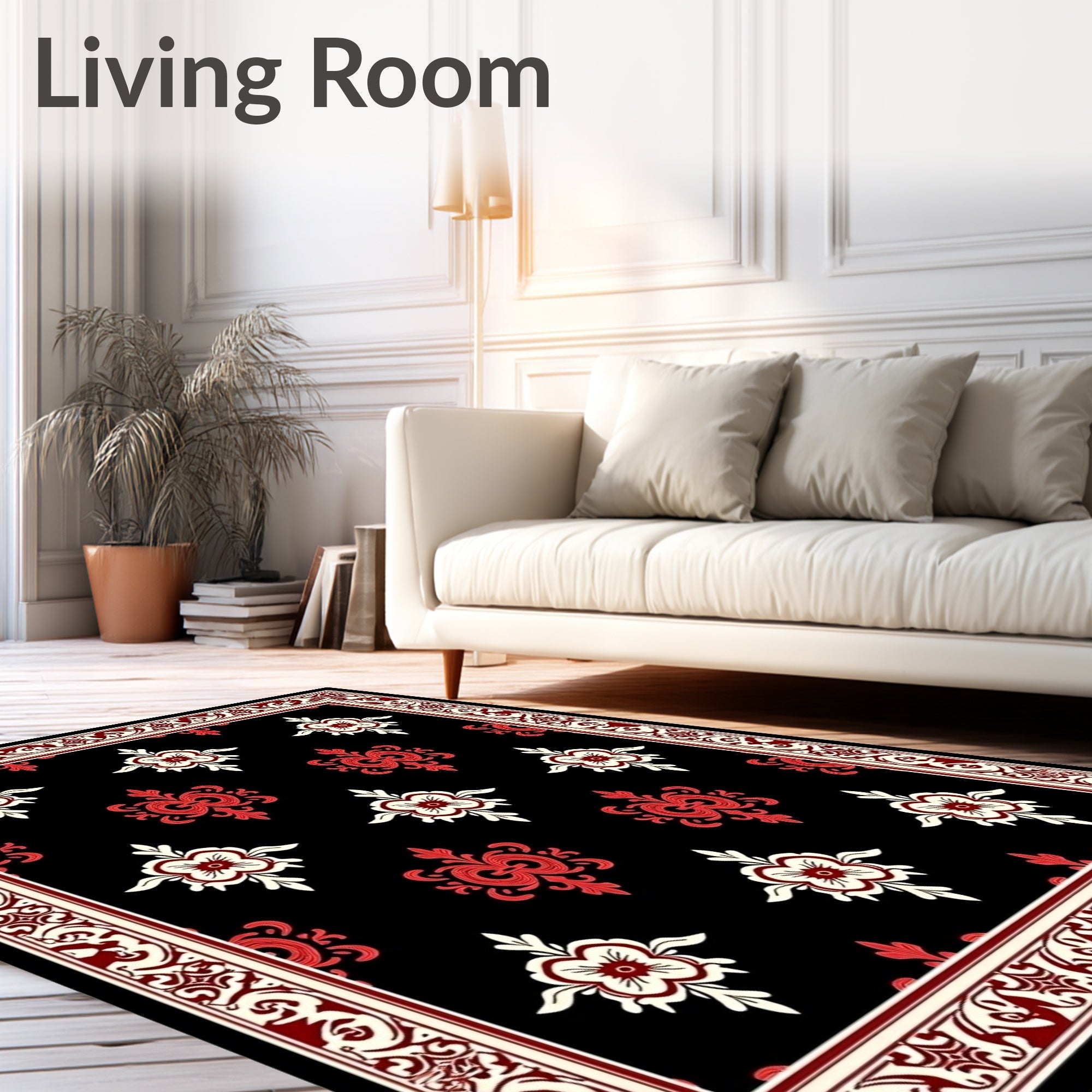 Rich Black Crimson Floral Medallion Border Rug