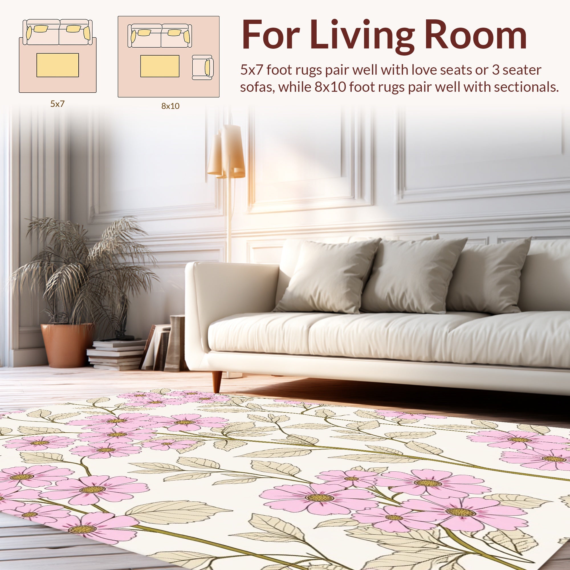 Delicate Pink Floral Pattern with Leaves Rug