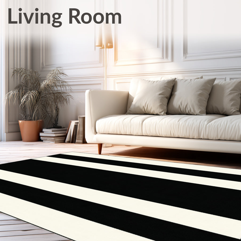 Bold Black White Stripe Design Rug