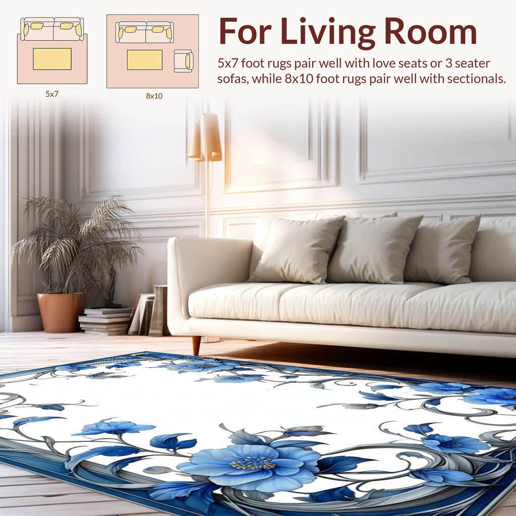 Blue Floral Swirls Border Design Rug