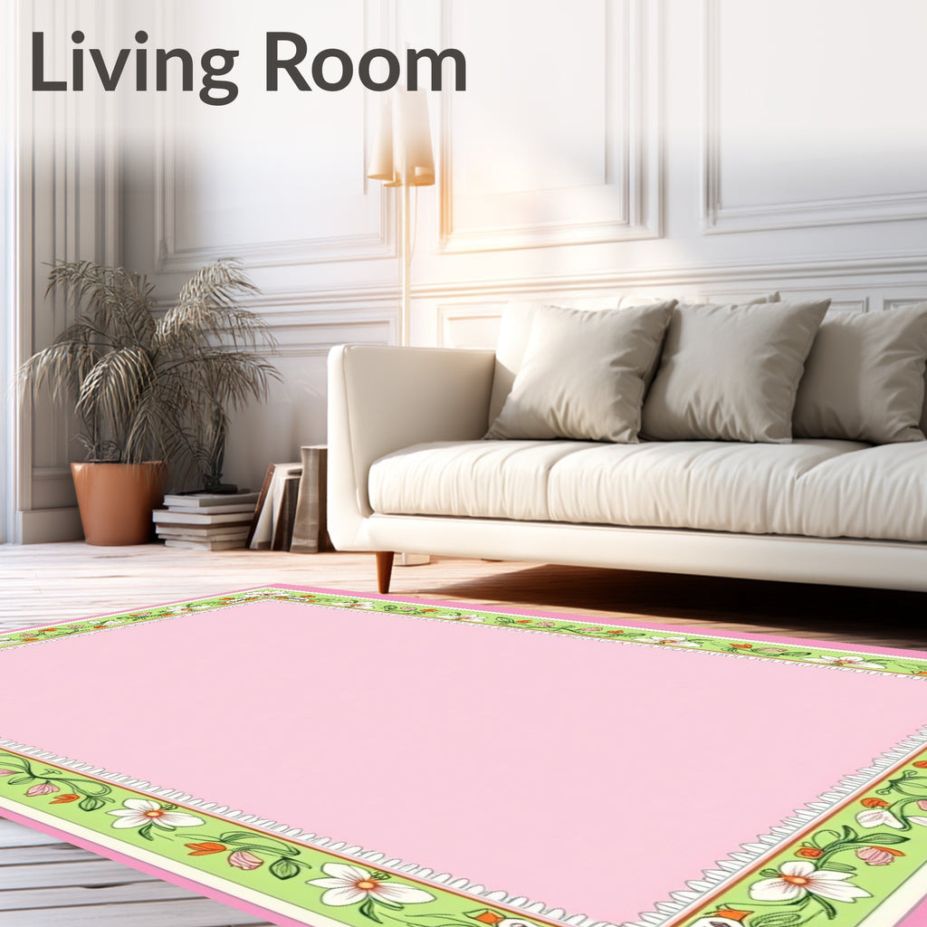 Pastel Pink Floral Vine Border Rug