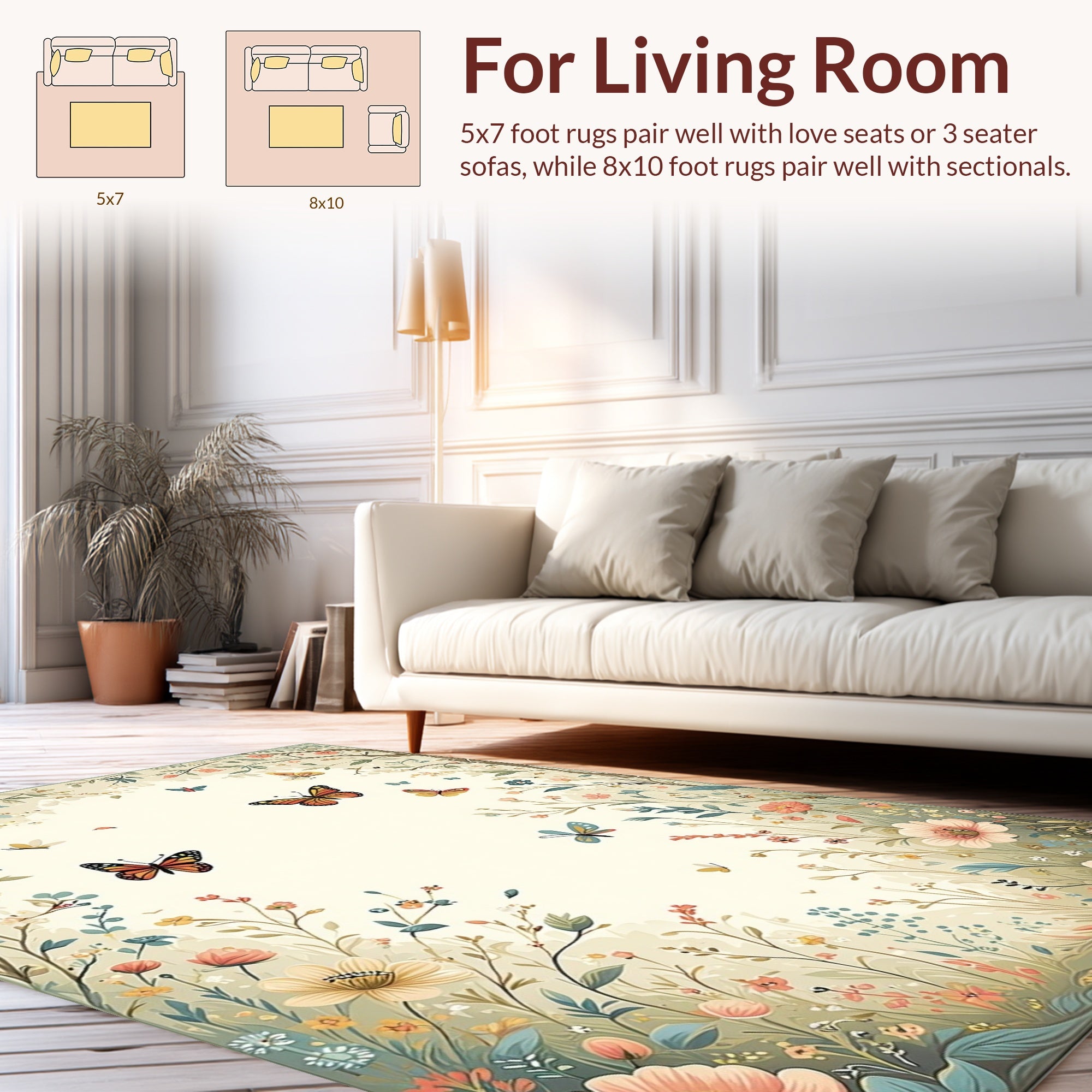 Whimsical Butterflies Floral Meadow Design Rug