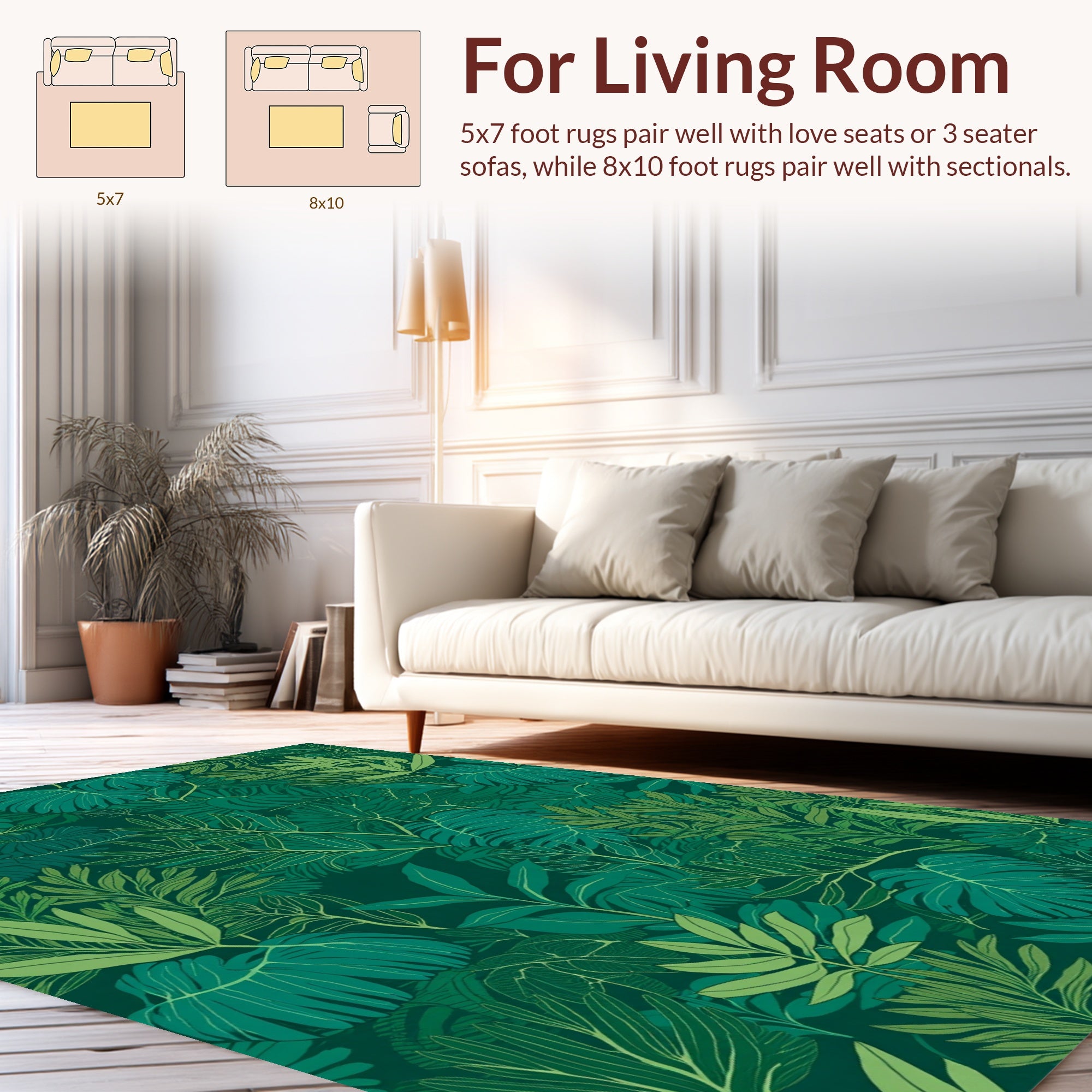 Lush Green Tropical Leaf Pattern Rug