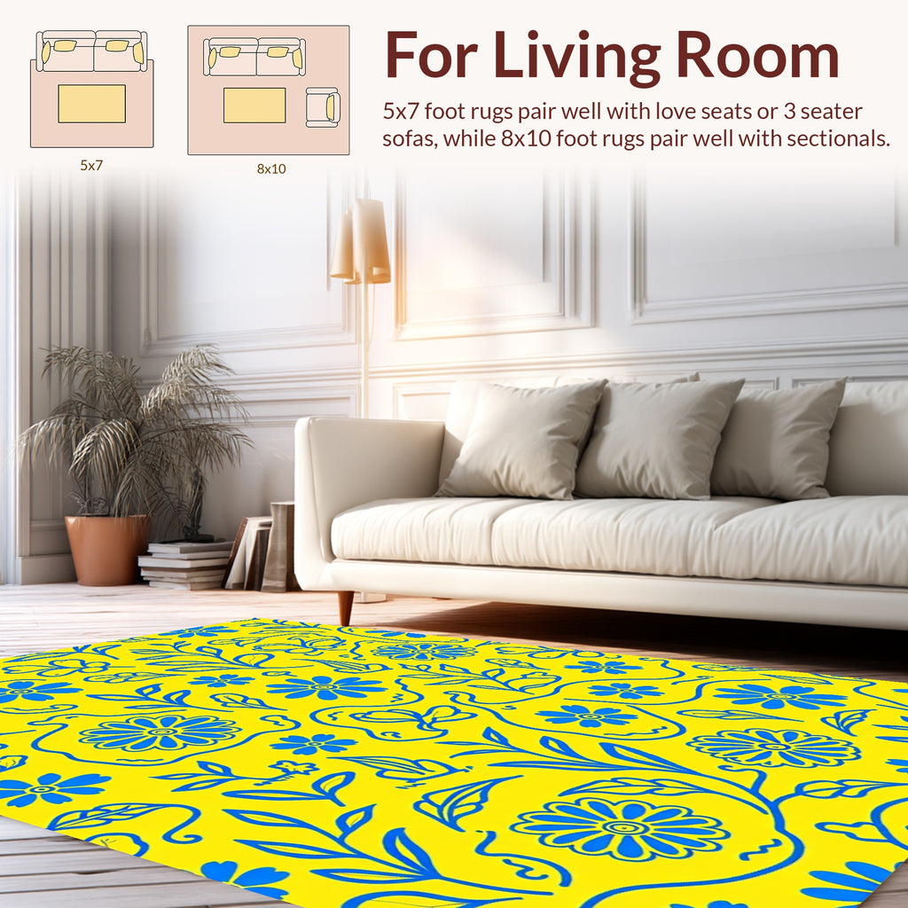 Bright Blue Floral Leafy Pattern Rug