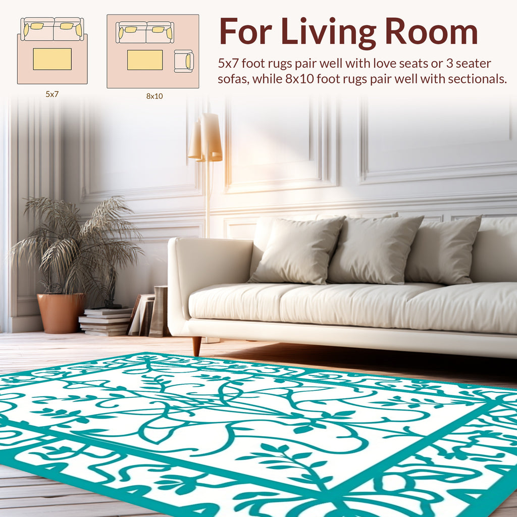 Intricate Teal Floral Vine Pattern Design Rug
