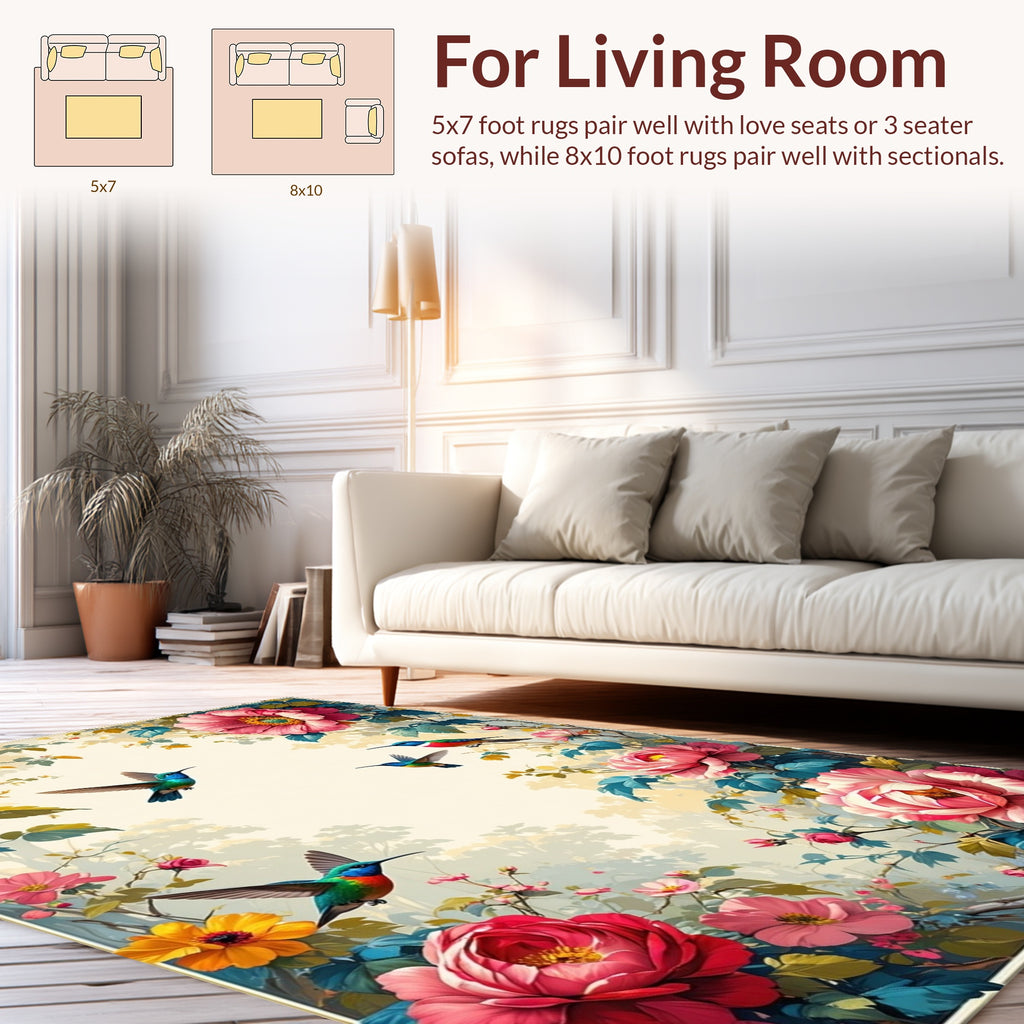 Vibrant Floral Hummingbird Garden Delight Rug