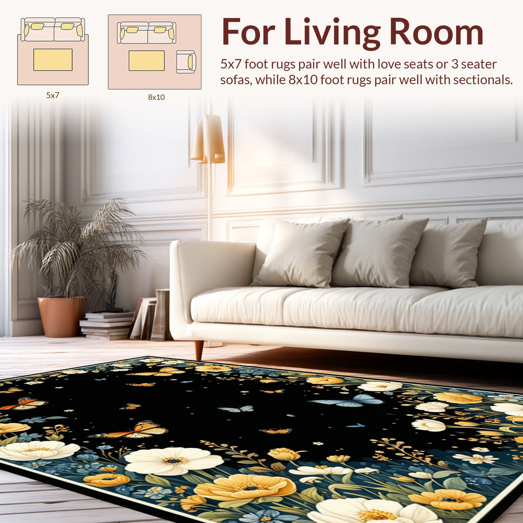 Whimsical Yellow Butterfly Floral Design Rug