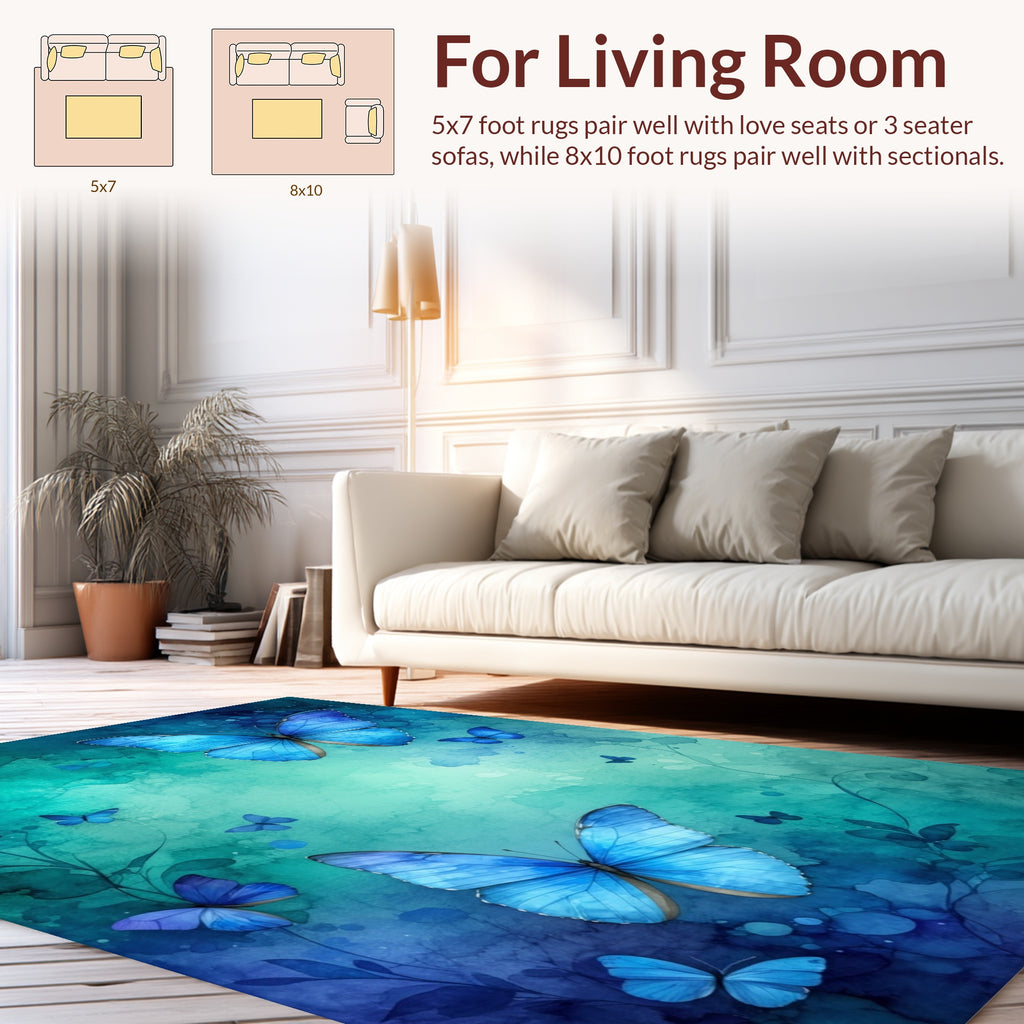 Blue Butterflies on Watercolor Teal Background Rug