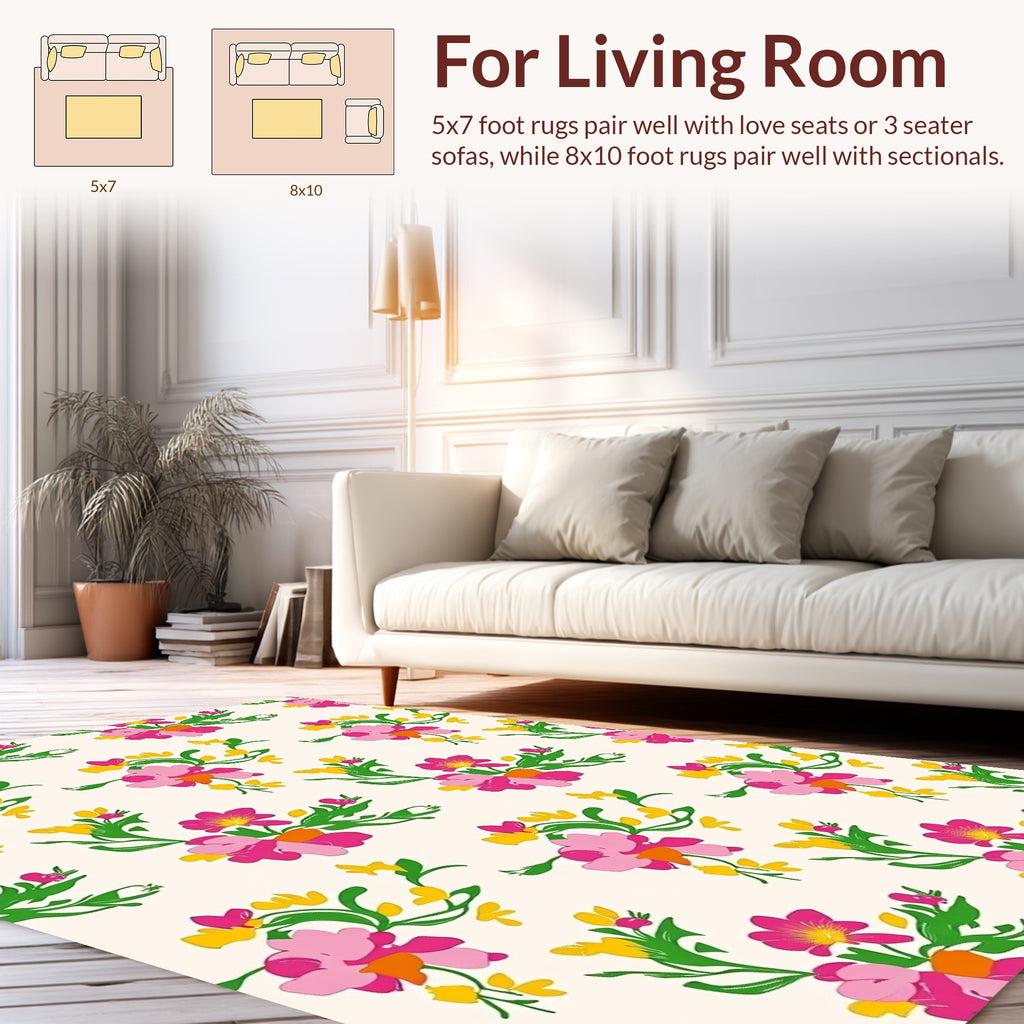 Vibrant Pink Yellow Floral Pattern Rug