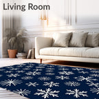 White Snowflake Scattered Navy Blue Rug