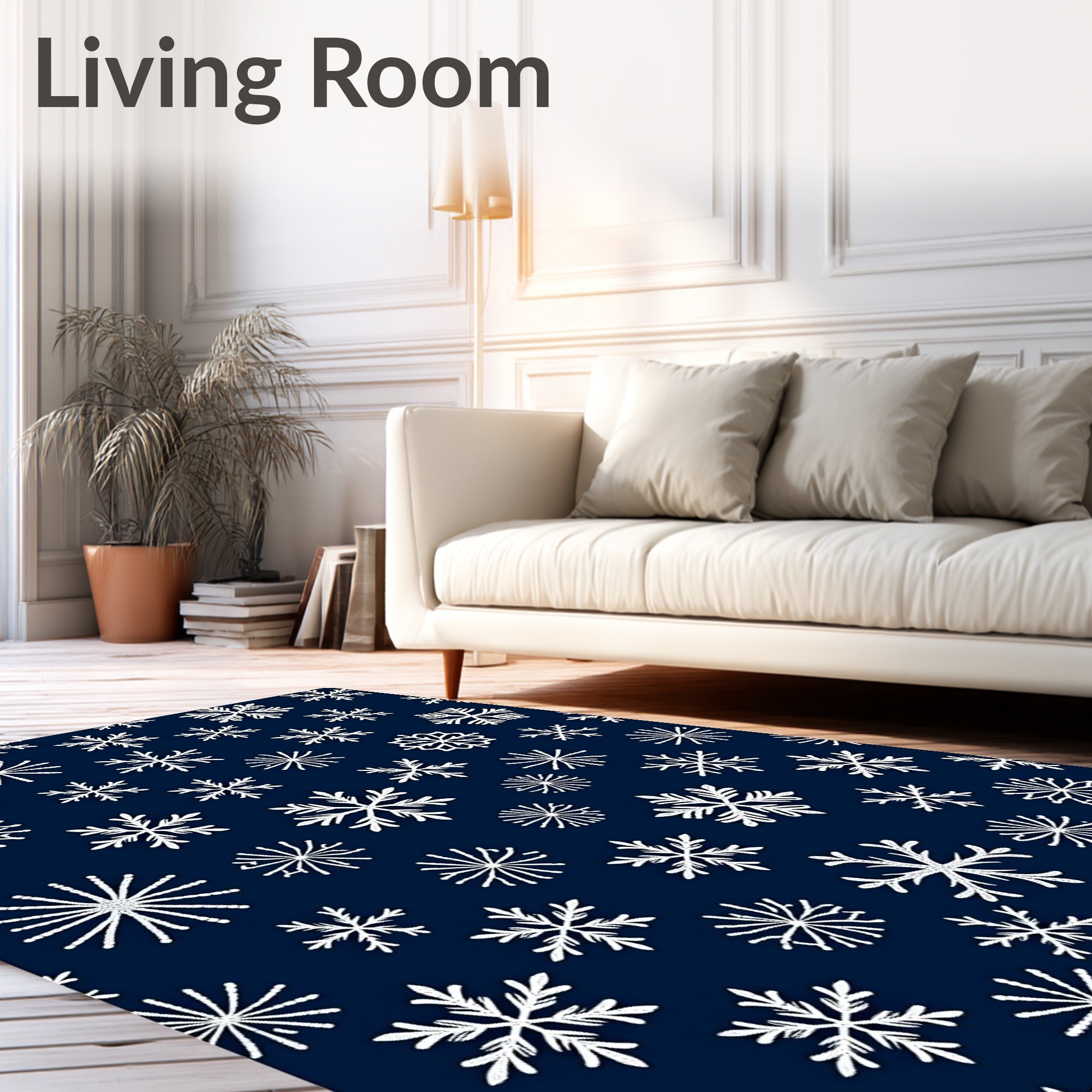 White Snowflake Scattered Navy Blue Rug