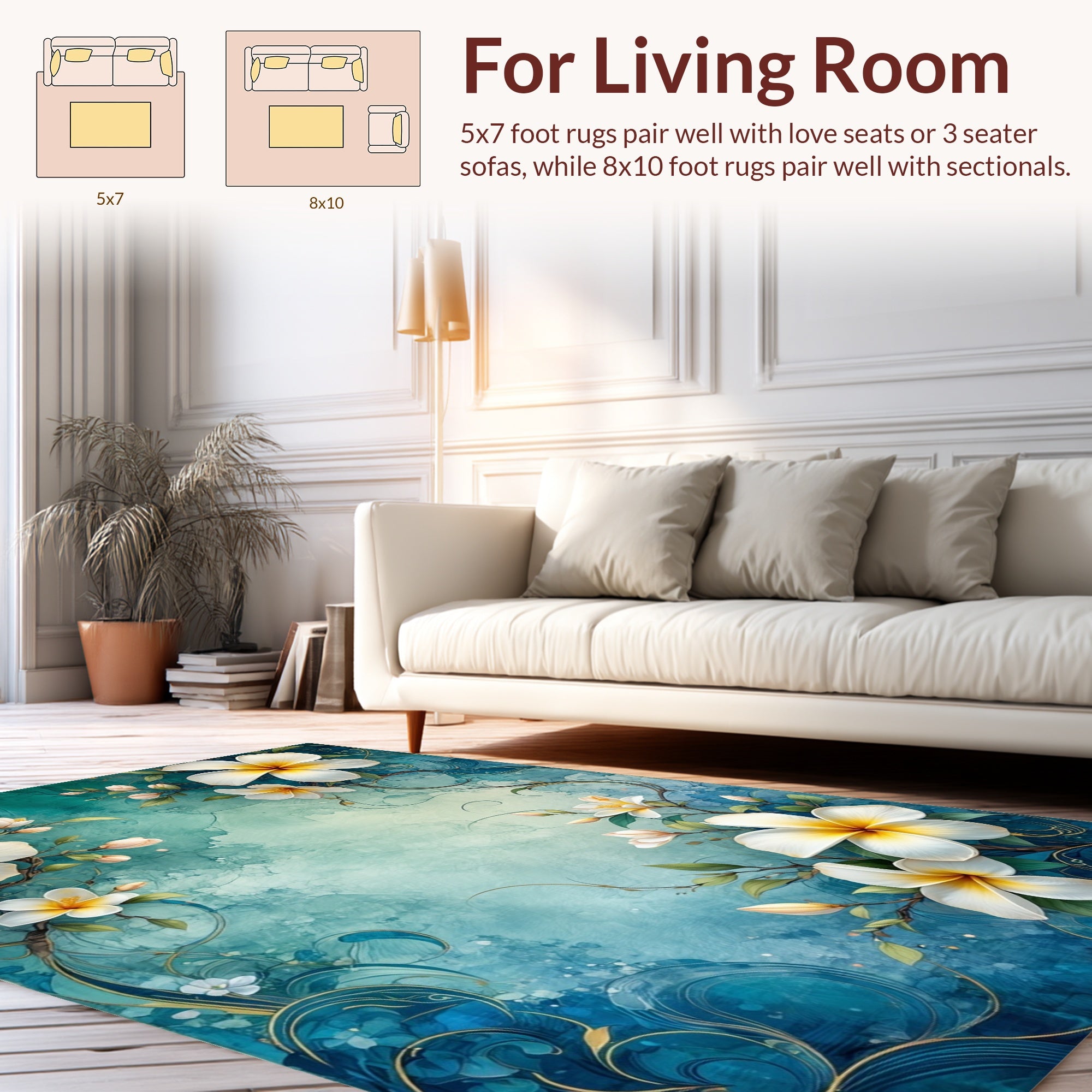 White Bloom Floral Teal Swirl Design Rug