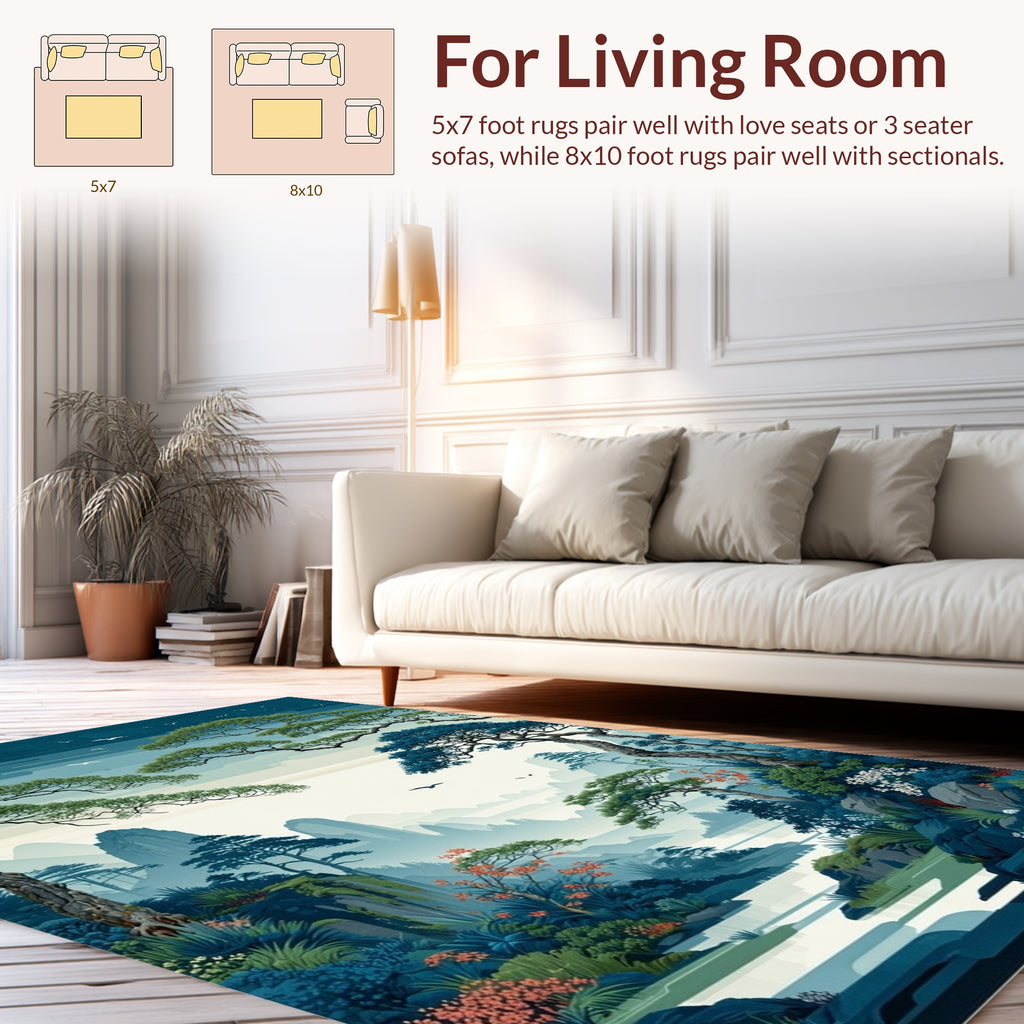 Serene Landscape with Birds Trees Design Rug