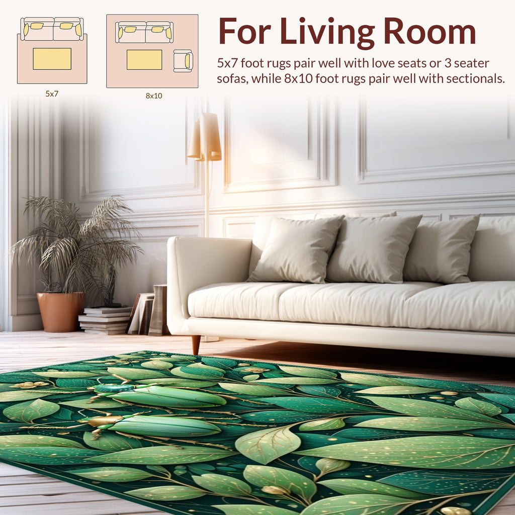 Green Insects Leafy Botanical Pattern Rug
