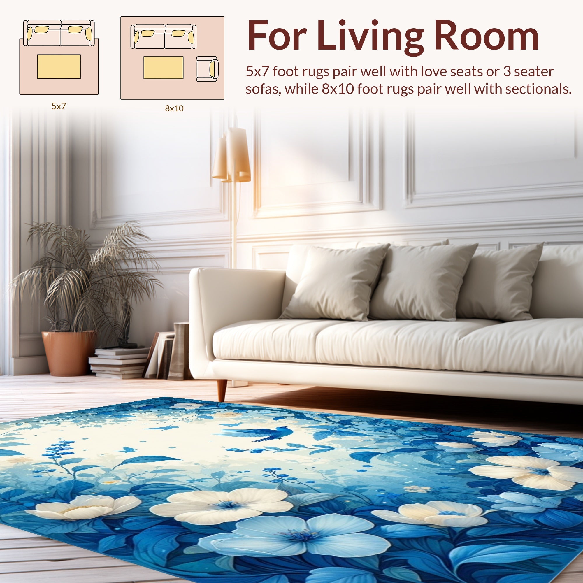 Blue Floral Bird Serenity Design Rug