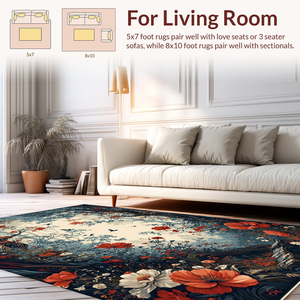 Enchanted Forest Floral Bird Scene Rug