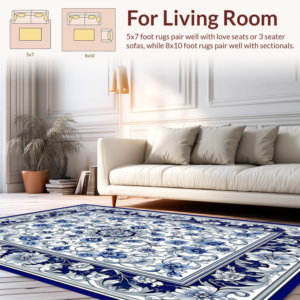 Blue White Floral Scroll Pattern Rug