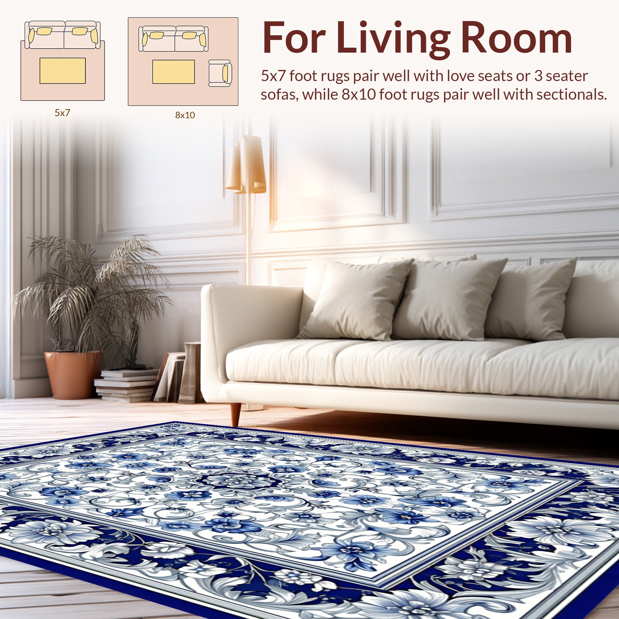 Blue White Floral Scroll Pattern Rug