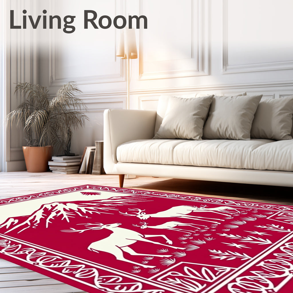 Crimson Deer Family Mountain Scene Rug