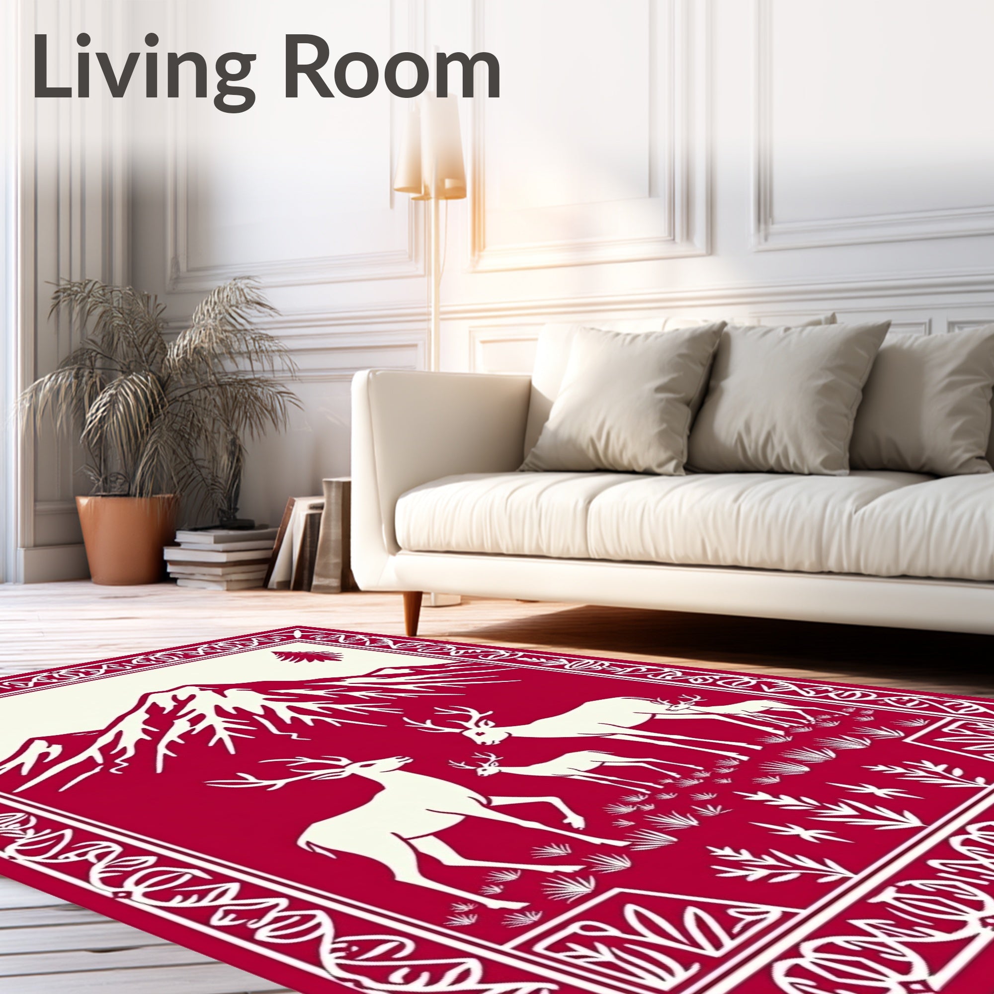 Crimson Deer Family Mountain Scene Rug