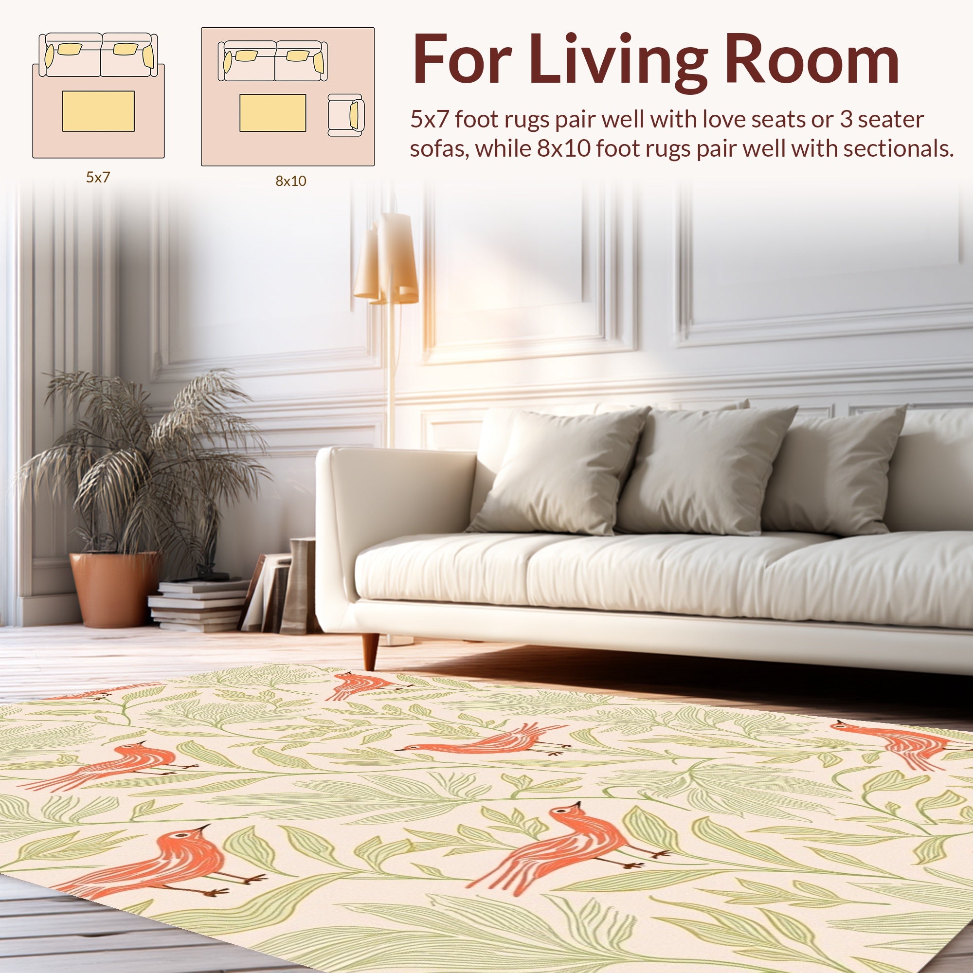Coral Birds With Green Foliage Pattern Rug