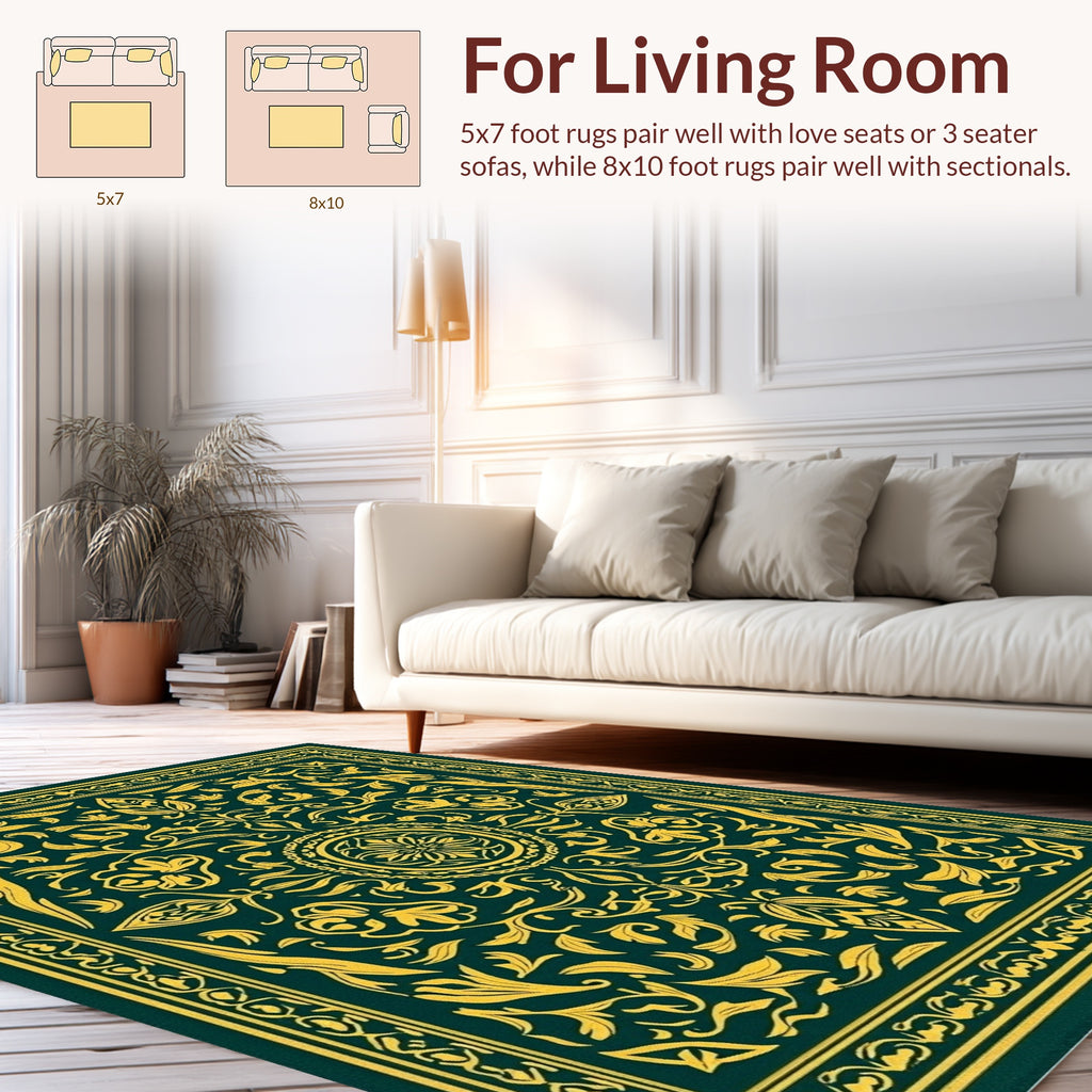 Ornate Floral Vintage Green and Gold Rug