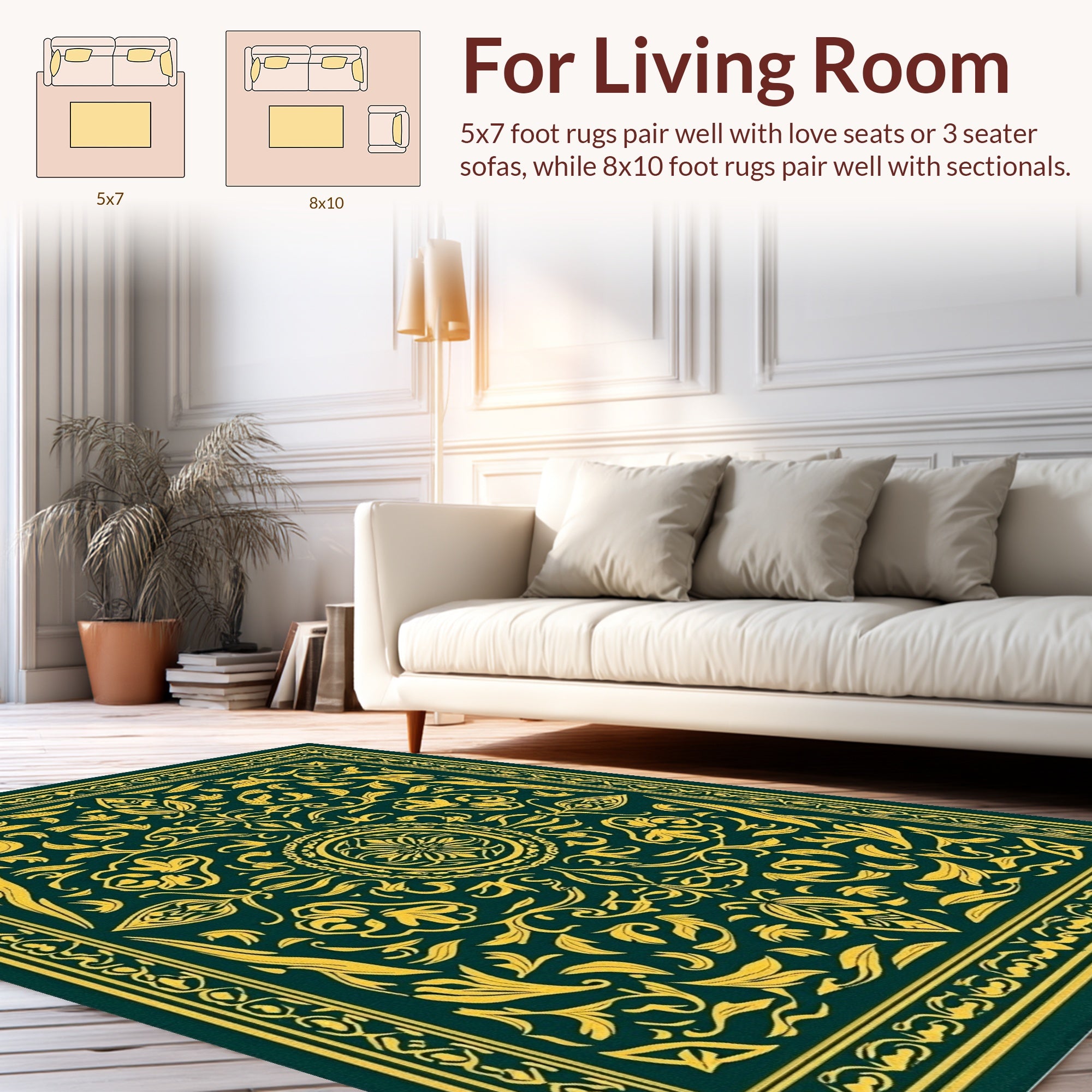 Ornate Floral Vintage Green and Gold Rug